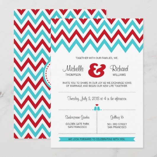 Modern Red en Aqua Chevron & Lovebird Wedding Kaart (Voorkant / Achterkant)