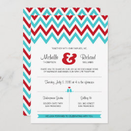 Modern Red en Aqua Chevron & Lovebird Wedding Kaart