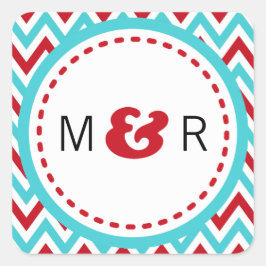 Modern Red en Aqua Chevron & Lovebird Wedding Vierkante Sticker