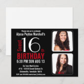 Modern Red en Black 2 Foto's Sweet 16 Party Kaart (Voorkant / Achterkant)