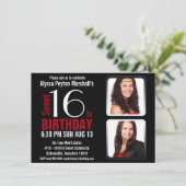 Modern Red en Black 2 Foto's Sweet 16 Party Kaart (Staand voorkant)