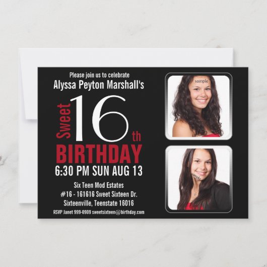 Modern Red en Black 2 Foto's Sweet 16 Party Kaart (Voorkant)