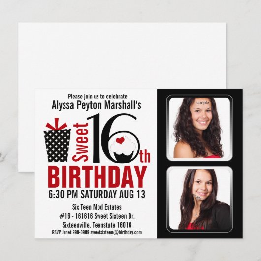 Modern Red en Black 2 Foto's Sweet 16 Party Kaart (Voorkant / Achterkant)
