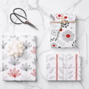 Modern Red en Gray Floral Trio Inpakpapier Vel