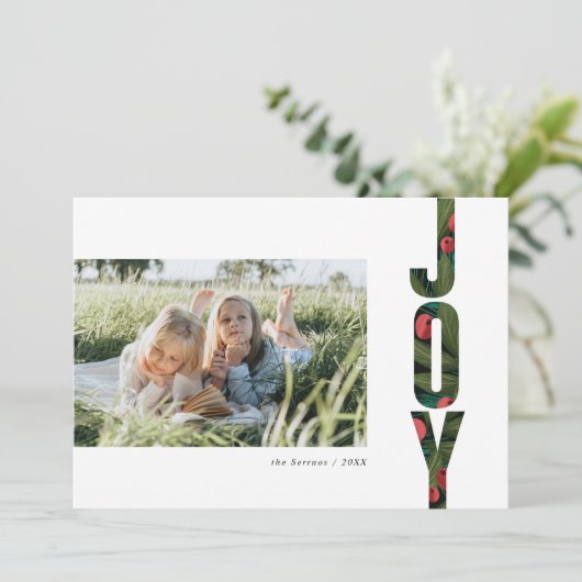 Modern Red en Green Botanical Joy Holiday Foto (Staand voorkant)