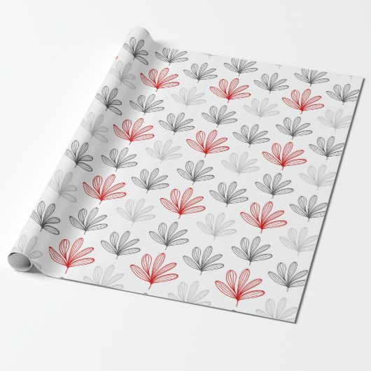 Modern Red en Grey Floral Pattern Cadeaupapier (Uitgerold)