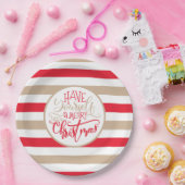 Modern Red en Tan Merry KerstStriped Papieren Bordje (Feest)