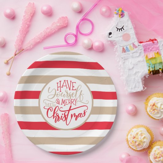 Modern Red en Tan Merry KerstStriped Papieren Bordje (Feest)