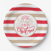 Modern Red en Tan Merry KerstStriped Papieren Bordje (Voorkant)