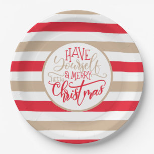 Modern Red en Tan Merry KerstStriped Papieren Bordje