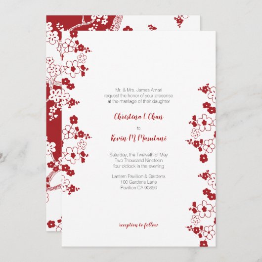 Modern Red en White Cherry Blossom Wedding Kaart (Voorkant / Achterkant)