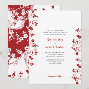 Modern Red en White Cherry Blossom Wedding Kaart