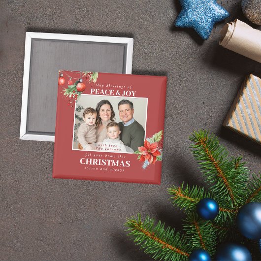 Modern Red Family Photo Christmas Magneet