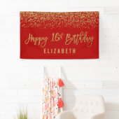 Modern Red Faux Gold Glitter 16e verjaardag Spandoek (Insitu)