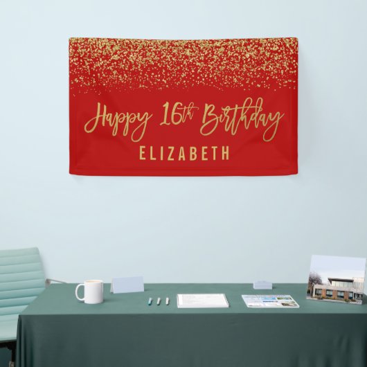 Modern Red Faux Gold Glitter 16e verjaardag Spandoek (Beurs)