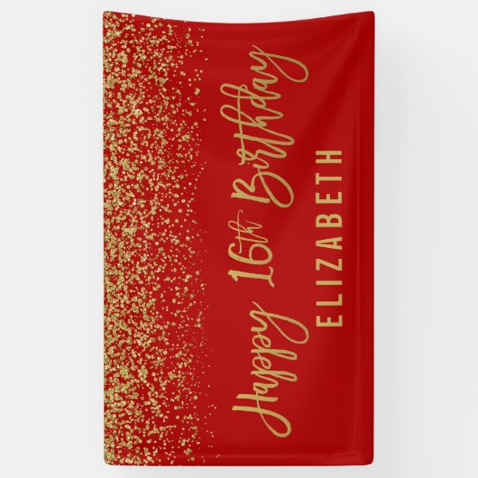 Modern Red Faux Gold Glitter 16e verjaardag Spandoek (Verticaal)
