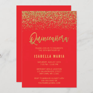 Modern Red Faux Gold Glitter Quinceanera Kaart