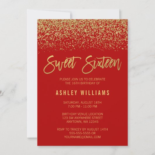 Modern Red Faux Gold Glitter Sweet 16 Kaart (Voorkant)