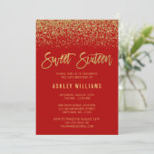 Modern Red Faux Gold Glitter Sweet 16 Kaart (Staand voorkant)
