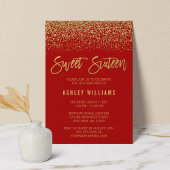 Modern Red Faux Gold Glitter Sweet 16 Kaart