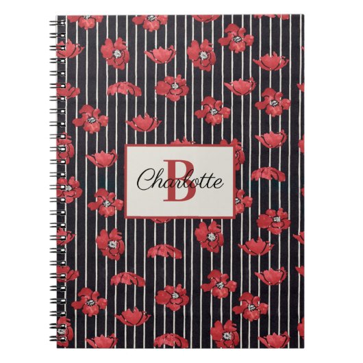 Modern Red Floral Monogram Spiral Foto Notitieboek (Voorkant)