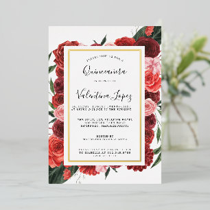 Modern Red Floral Quinceanera Gold Folie Uitnodiging