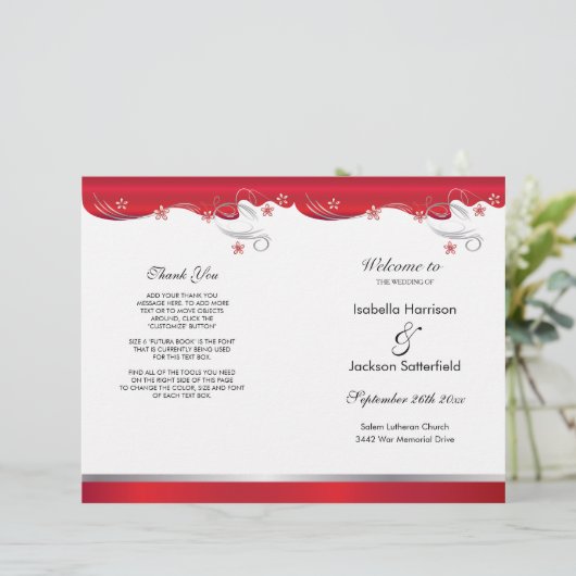 Modern Red Floral Wedding Programme (Staand voorkant)