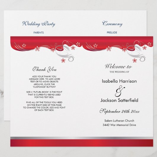 Modern Red Floral Wedding Programme (Voorkant / Achterkant)