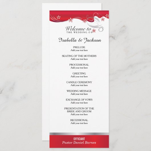 Modern Red Floral Wedding Programme Programmakaart (Voorkant / Achterkant)