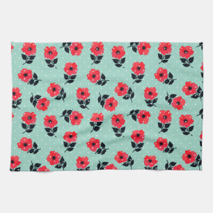 Modern Red Flowers Aqua Blue Polka Dots Theedoek