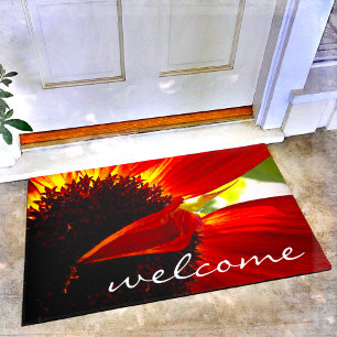 Modern Red Gerber Daisy Photo Welcome Script Deurmat