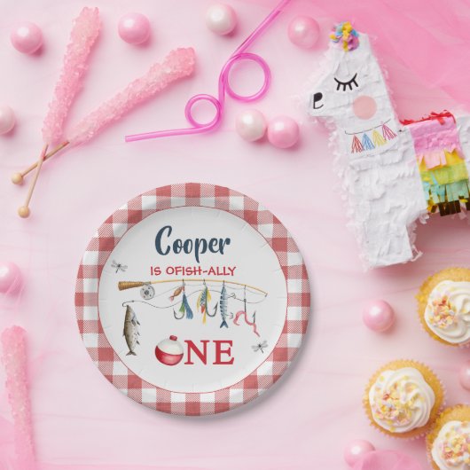 Modern Red Gingham Fishing 1st Birthday  Papieren Bordje (Feest)