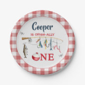 Modern Red Gingham Fishing 1st Birthday  Papieren Bordje (Voorkant)
