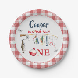 Modern Red Gingham Fishing 1st Birthday  Papieren Bordje