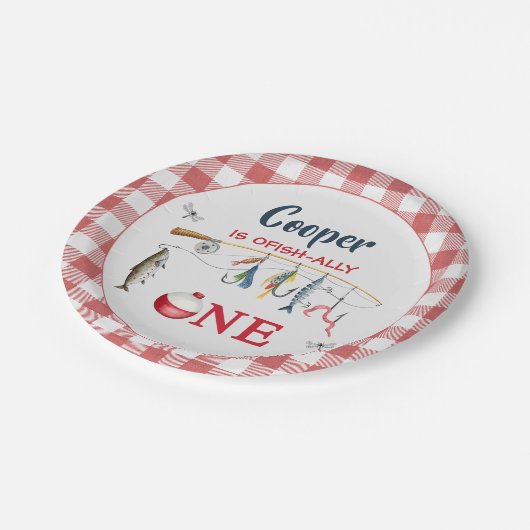 Modern Red Gingham Fishing 1st Birthday  Papieren Bordje (Gekanteld)