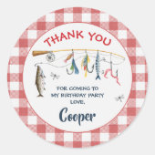 Modern Red Gingham Fishing Birthday  Ronde Sticker (Voorkant)