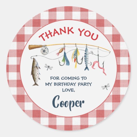 Modern Red Gingham Fishing Birthday  Ronde Sticker (Voorkant)