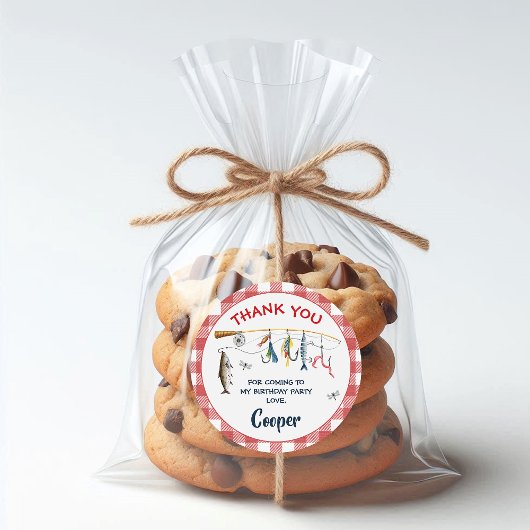 Modern Red Gingham Fishing Birthday  Ronde Sticker