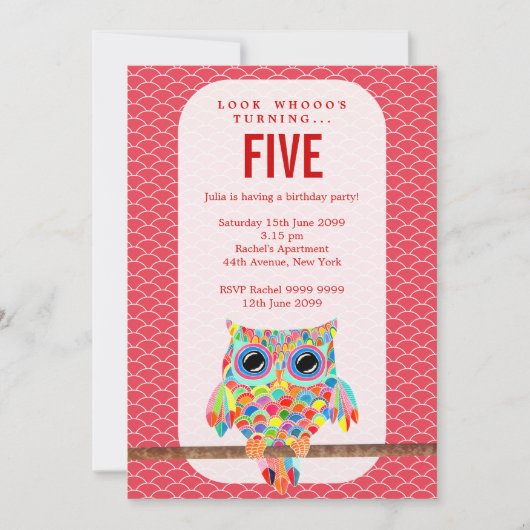 Modern Red Girls Birthday Party Rainbow Owl Invite Kaart (Voorkant)