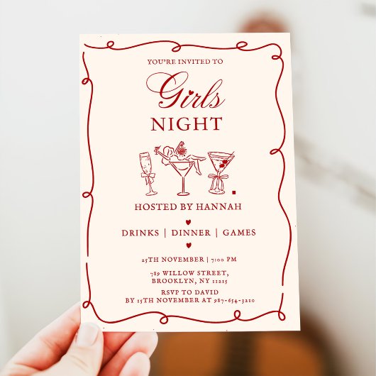 Modern Red Girls Night Dinner Party  Invitation Kaart
