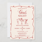 Modern Red Girls Night Dinner Party  Invitation Kaart (Voorkant)