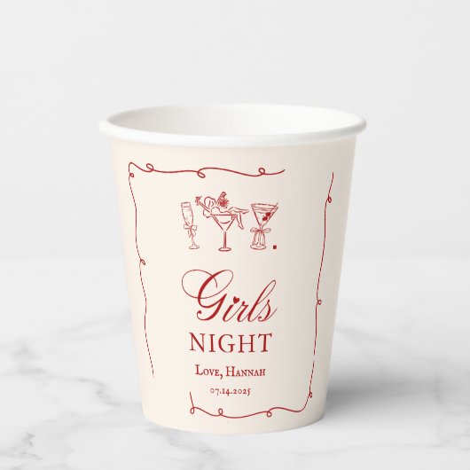 Modern Red Girls Night Dinner Party Papieren Bekers (Voorkant)