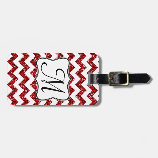Modern Red Glitter Chevron Monogram Bagagelabel (Voorkant horizontaal)