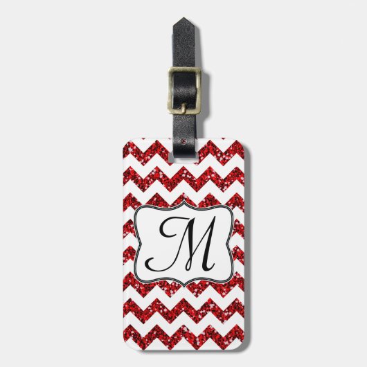 Modern Red Glitter Chevron Monogram Bagagelabel (Voorkant verticaal)