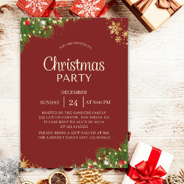 Modern Red & Gold Christmas Party Invite Kaart