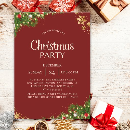 Modern Red & Gold Christmas Party Invite Kaart