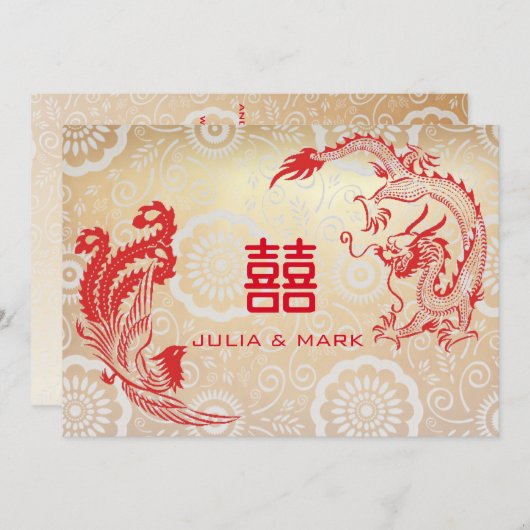 Modern Red Gold Dragon-Phoenix Chinese Wedding Kaart (Voorkant / Achterkant)