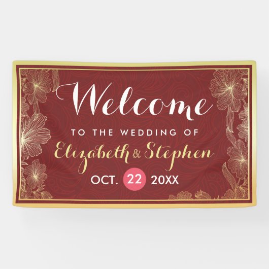 Modern Red Gold Floral Lijst Weddenschap Welkom Spandoek (Horizontaal)