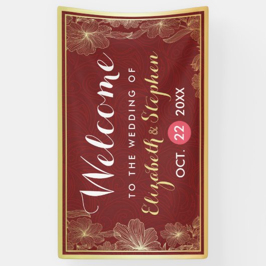 Modern Red Gold Floral Lijst Weddenschap Welkom Spandoek (Verticaal)