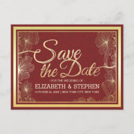Modern Red Gold Floral Lijst Wedding Save the Date Aankondigingskaart